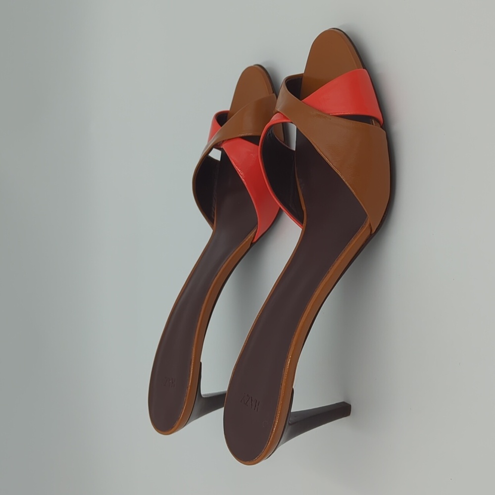 Hazy Orange Patent Leather Heel Sandals Orange Brown Round Toe 9.5 Made in Italy